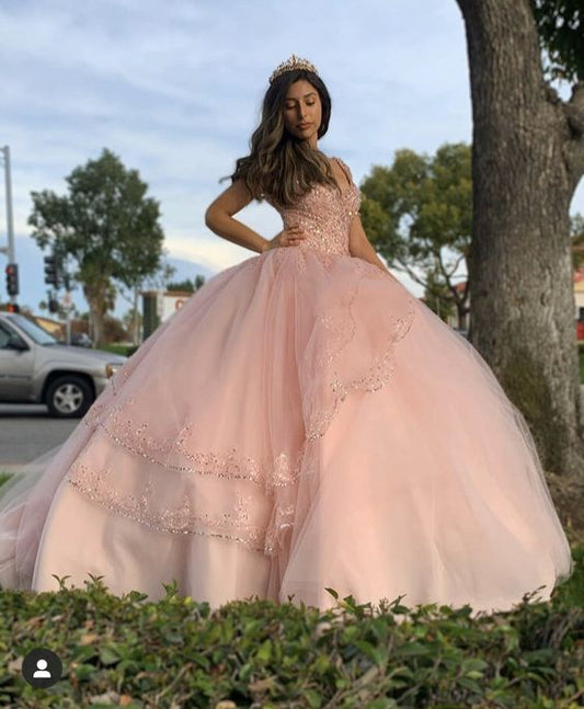 Pink lace ball gown prom dresses long evening dress   fg2459