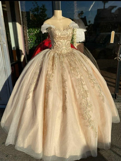 Off Shoulder Champagne Quinceañera Dress Party Ball Gown     fg2474