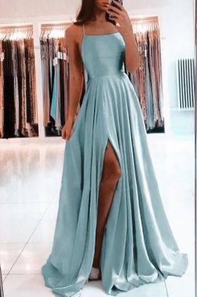 long A line teal satin prom dress evening dress    fg1244