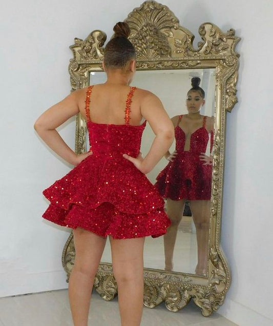 Cute red short prom dress sequin homecoming dress     fg2406