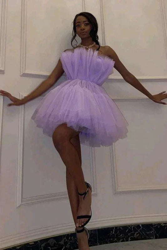 Lavender Strapless Tulle Short Homecoming Dress, Short Prom Gown     fg2420