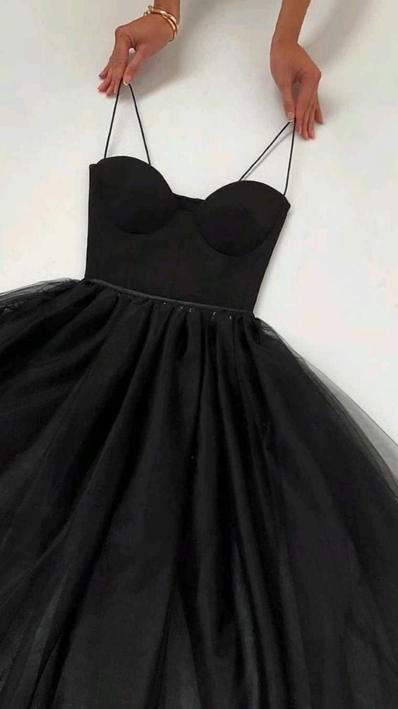Spaghetti Straps Black Tulle Prom Dress Tulle Party Dress     fg1218
