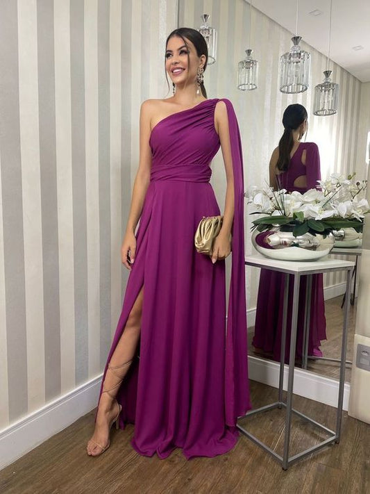 one shoulder purple prom dresses long elegant prom gown     fg1148