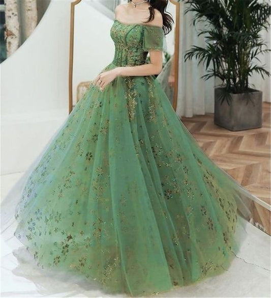 Green Off the Shoulder Long Prom Dress      fg1864