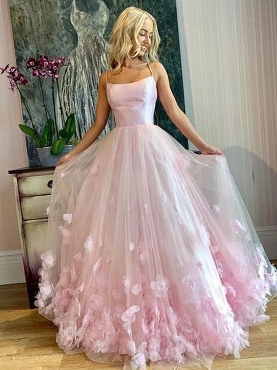 a-line/princess bateau tulle applique floor-length sleeveless pink prom dresses   fg1504