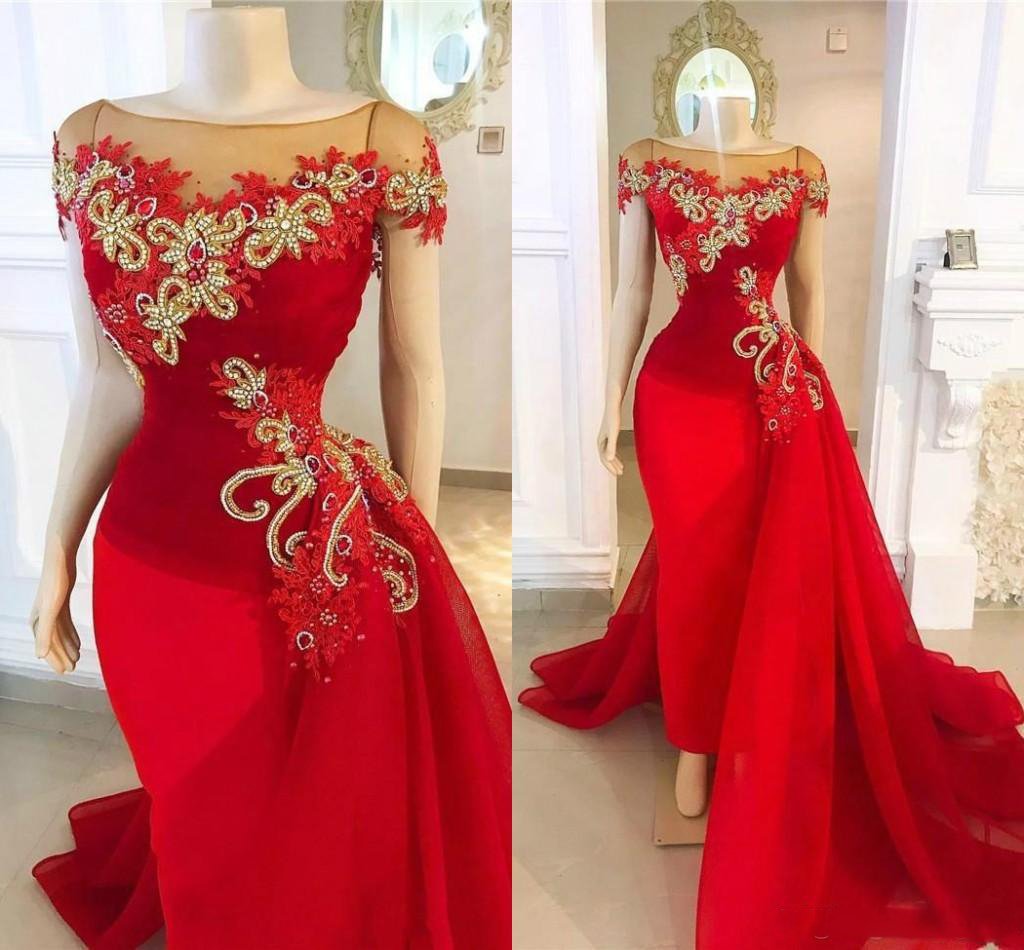 red detachable skirt prom dresses cap sleeve lace applique beaded elegant luxury prom gown     fg1848