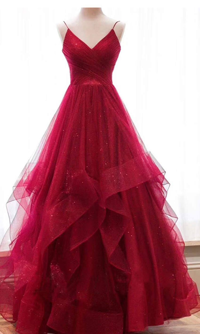 A Line Spaghetti Straps Sparkly Red Tulle Prom Dresses     fg3088