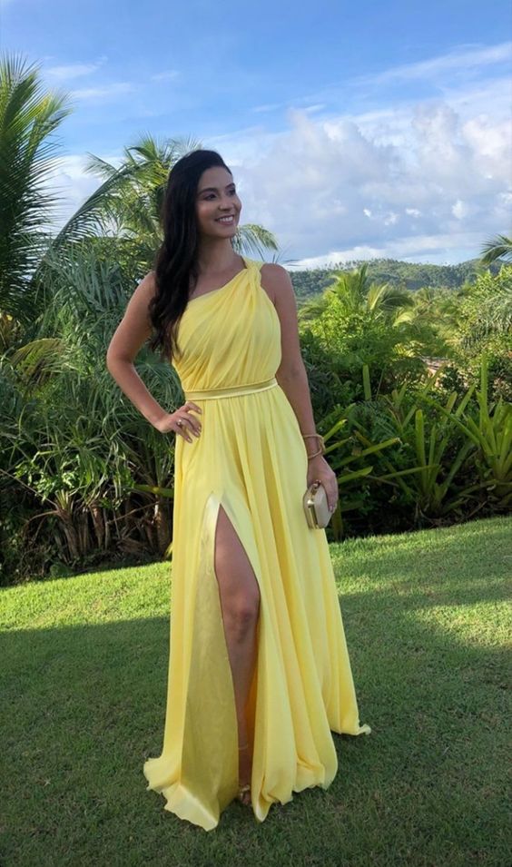 Yellow One Shoulder Long Prom Evening Dresses ,Sexy Prom Dress    fg3064