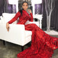 Elegant African Style High Neck Prom Gowns Red Lace Sequins Long Sleeves Mermaid Evening Party Dress for Special Occations     fg1610