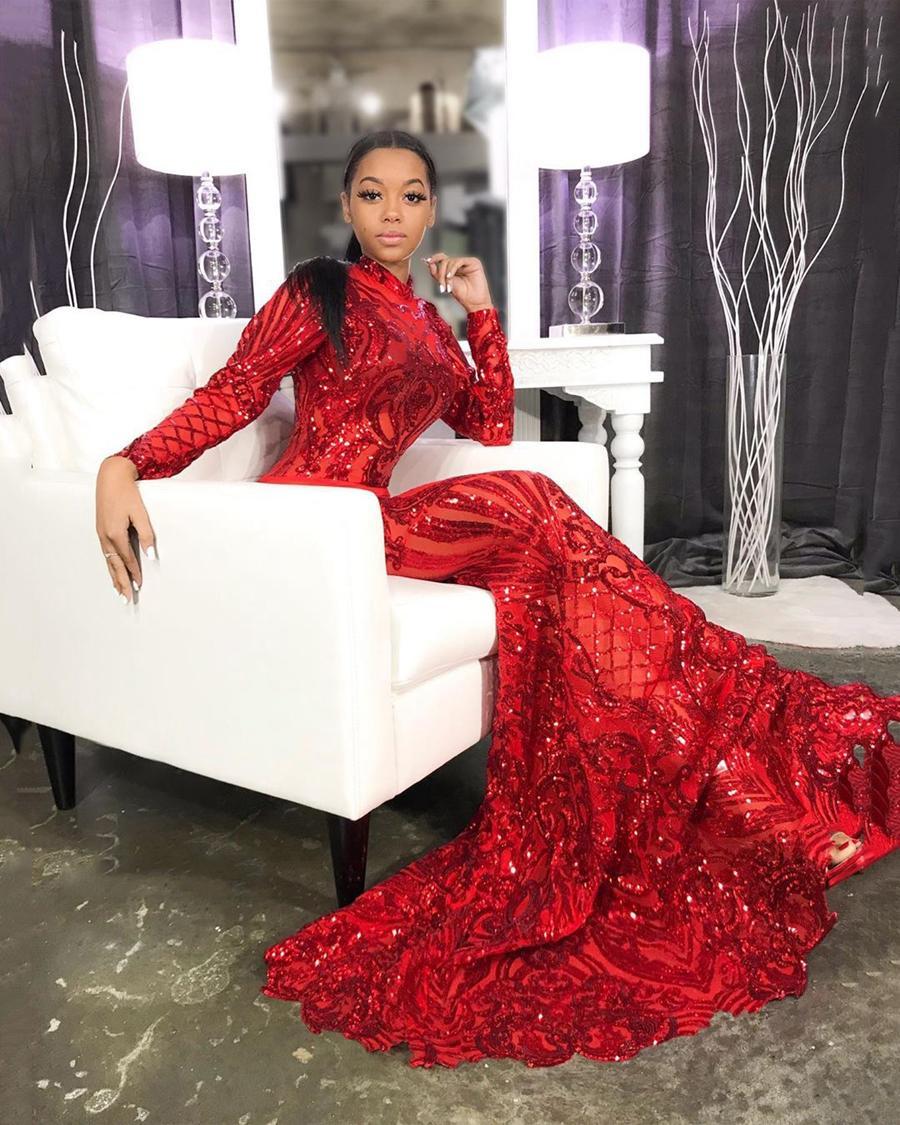 Elegant African Style High Neck Prom Gowns Red Lace Sequins Long Sleeves Mermaid Evening Party Dress for Special Occations     fg1610