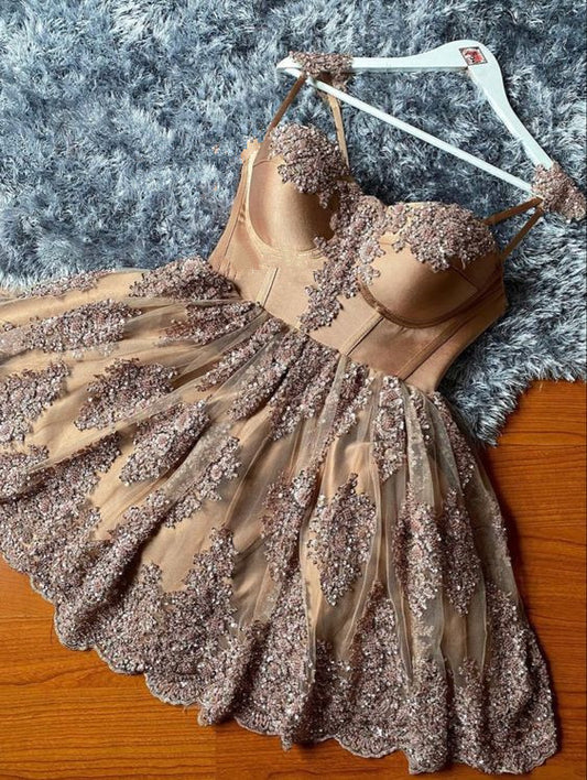 Champagne Lace Short Party Dress Homecoming Dress      fg2386