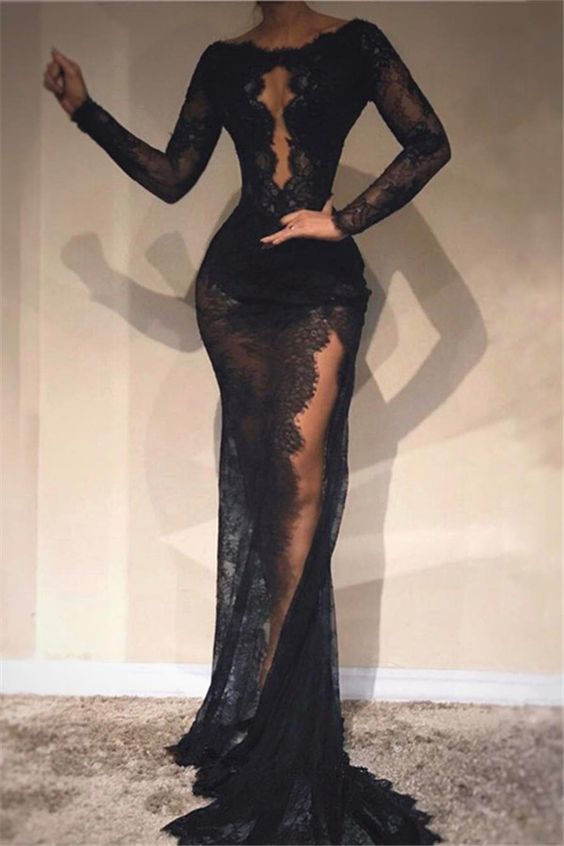 Black Sheath Lace Evening Dresses     fg1048