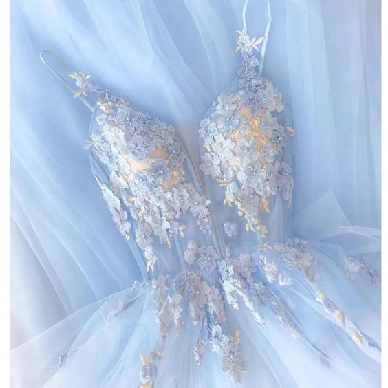 Blue prom dresses, hand made flowers prom dresses, light sky blue evening dresses     fg1537