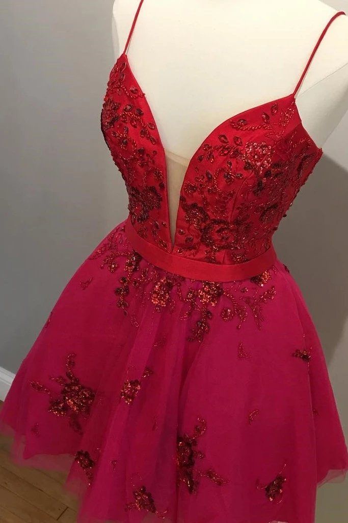 Red Spaghetti Straps V Neck Tulle Beaded Short Prom Dresses, Homecoming Dresses    fg2616