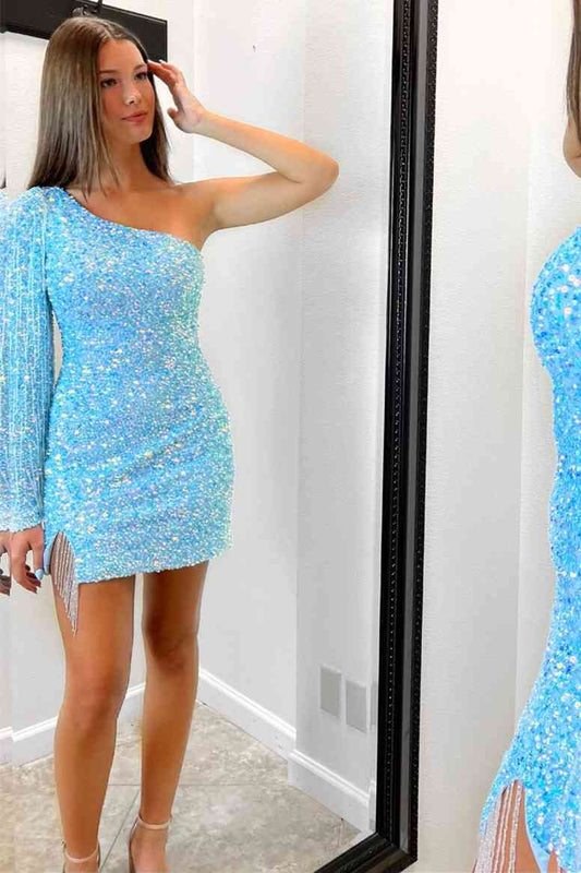 Long Sleeve Fringe Light Blue Mini Homecoming Dress     fg2252