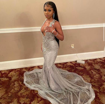 Silver Mermaid Women Formal Evening Party Prom Gowns   fg2240