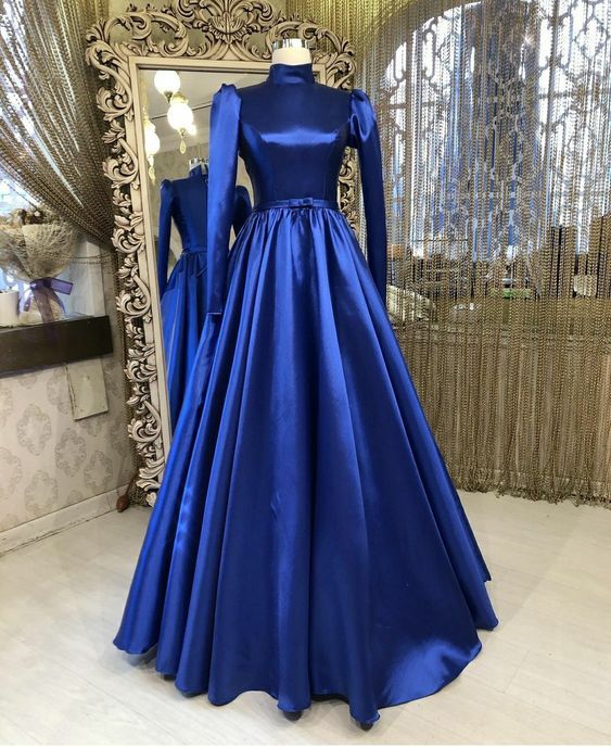 High Neck Prom Dress, Royal Blue Prom Dresses, Satin Prom Dresses    fg1458