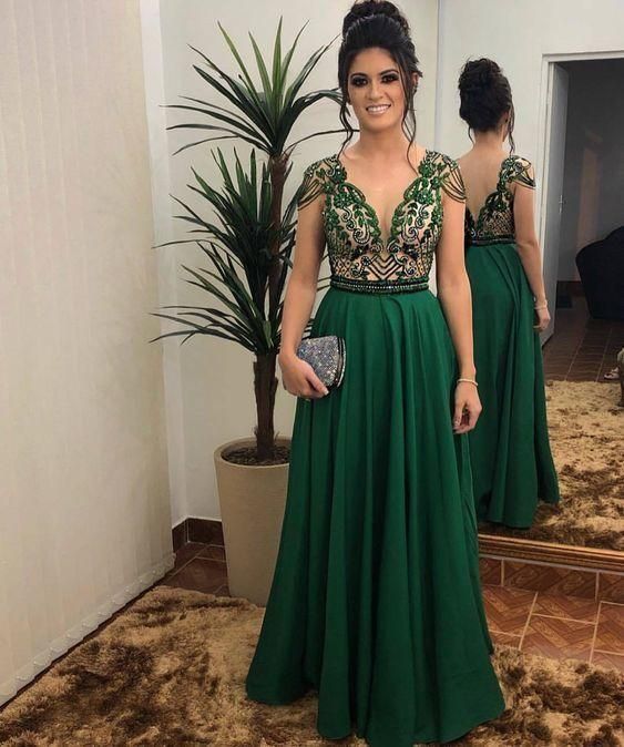 Green Floor-Length Prom Dress with Lace    fg1435