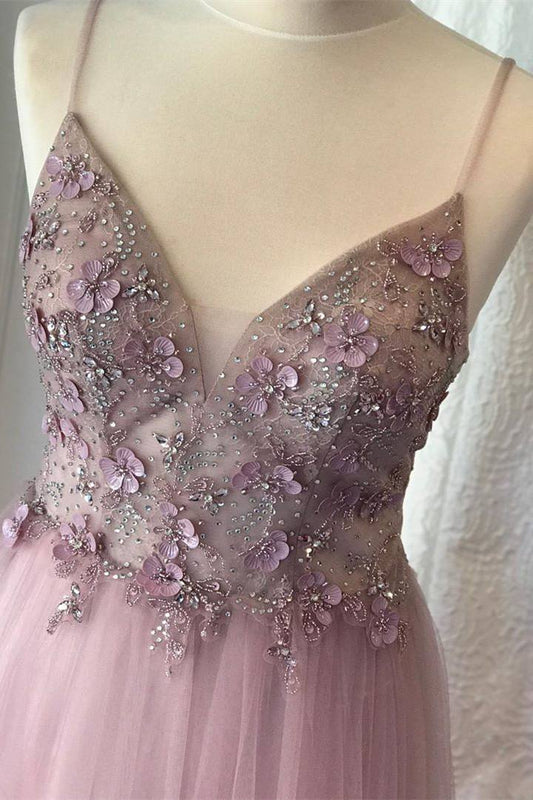 A-line Spaghetti Strap Lilac Prom Dress with Flowers     fg2615