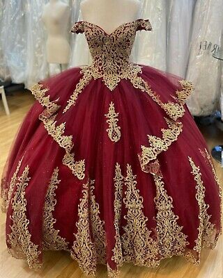 Burgundy Gold Quinceanera Dresses Glitter Tulle Ball Gown Off Shoulder Sweet 16       fg2378