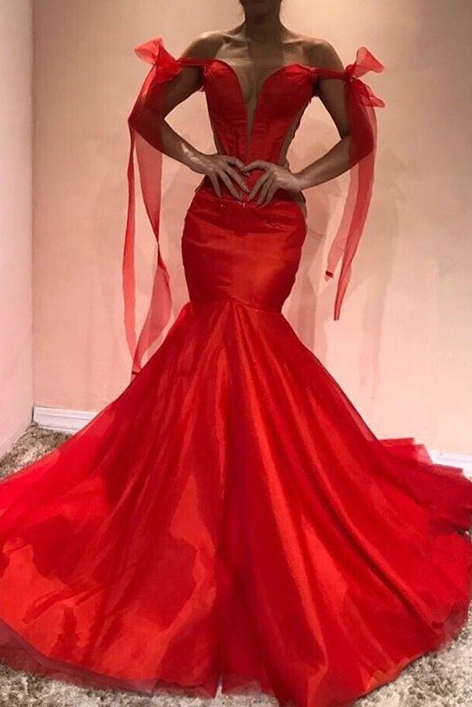 Red Off-the-Shoulder Evening Dress | Mermaid Red Prom Dress Party Gowns     fg2213