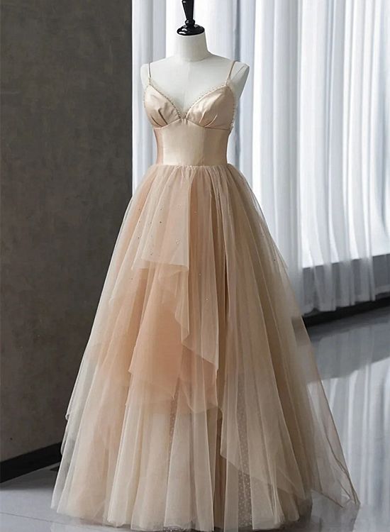 Champagne Tulle Gradient Tulle Straps Long Evening Dress, Charming Formal Gown      fg2218