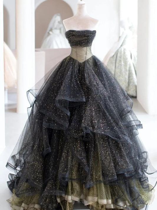 Black ball gown long prom dress, black evening dress     fg2250