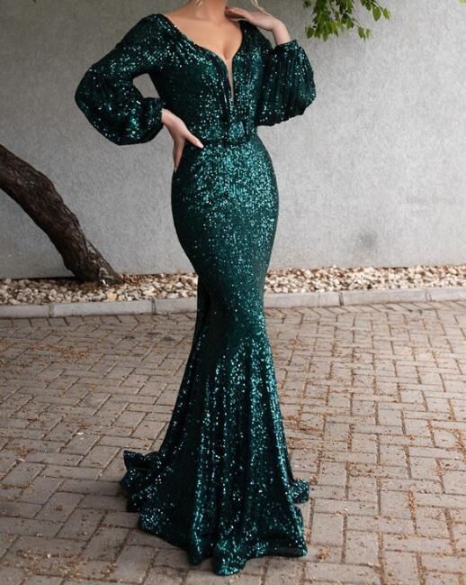 Sparkly Green Long Sleeve Evening Dresses.charming V-Neck Backless Mermaid Formal Evening Gowns      fg2560