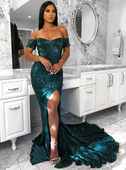 Dark Green Off Shoulder Sheath Sweetheart Sequence Side Slit Long Prom Dresses     fg1627