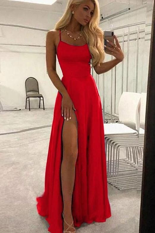 Unique A Line Red Spaghetti Straps Satin Prom Dresses, Long Cheap Evening Dresses      fg2279