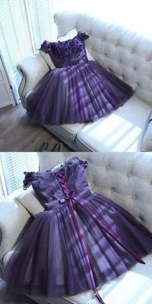 A-Line Grape Tulle Off Shoulder Homecoming Dresses With Beading      fg2541