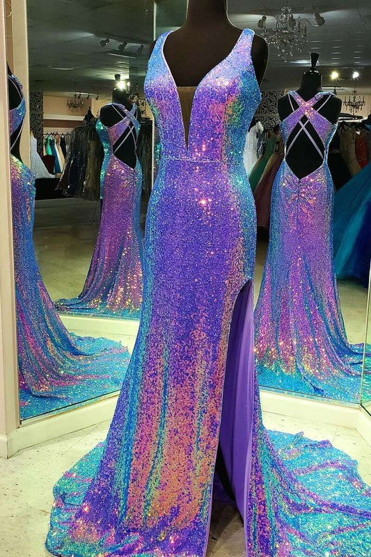 Purple Multi Sequins V-Neck Cross Back Long Formal Dress    fg1460