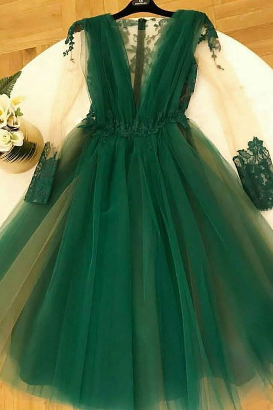 long sleeves dark green homecoming dress tulle short prom party dress     fg1446
