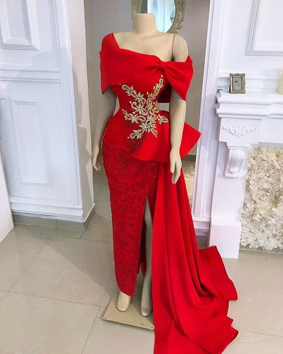 African Red Mermaid Evening Dresses Long Luxury Off Shoulder Beaded with Satin Overskirt Formal Dress Party Gown    fg1543