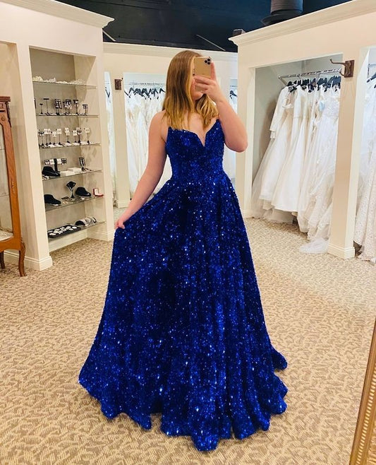 Sparkly V Neck Royal Blue Sequins Long Prom Dress       fg2364