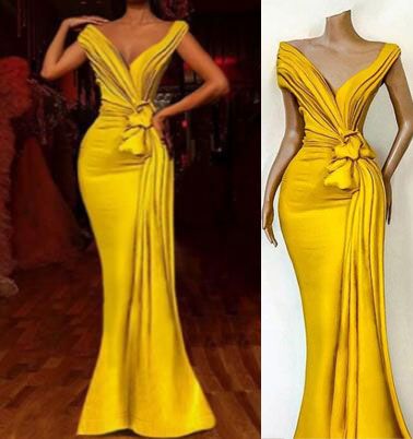 African Yellow Prom Dresses With Pleats Knoted Deep V Neck Mermaid Eve ...