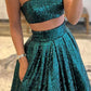 Emerald Green Sequins Two Piece Prom Dress with Pockets     fg1723