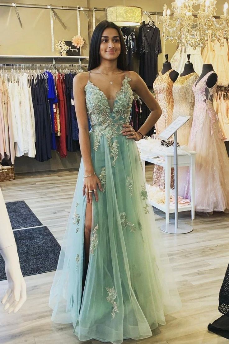 Green tulle lace long prom dress A line evening dress     fg1925