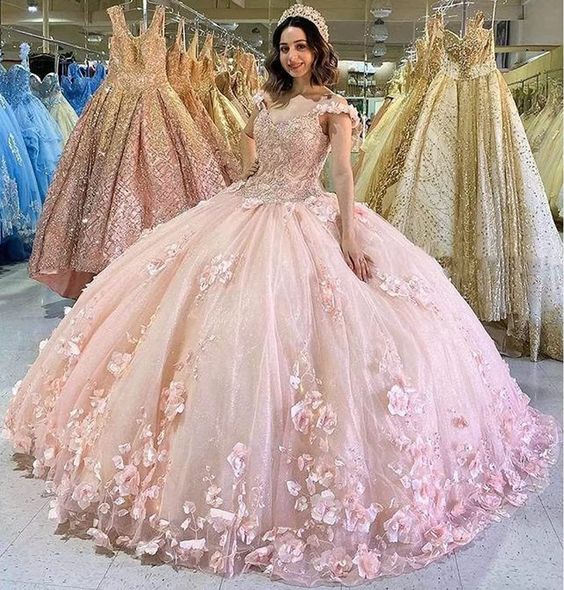 Stunning Off The Shoulder 3D Floral Flower Patterned Ball Gown Quinceanera Dresses V Neck Sweet 16 Pink Prom Dress    fg1518