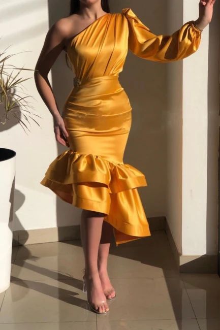 Yellow Gorgeous One Shoulder Mermaid Prom Dresses with Ruffle      fg1938
