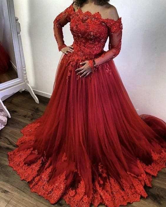 red tulle princess prom dresses off the shoulder     fg2499