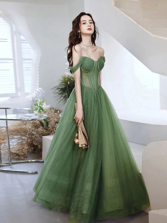 Green Sweetheart Neck Tulle Long Prom Dress, Green Evening Dress      fg2625