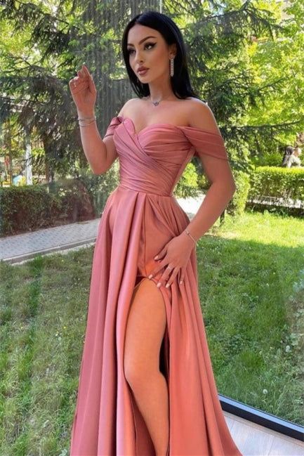 Robe de bal trapèze simple à épaules dénudées et décolleté en cœur avec fente longue fg1921