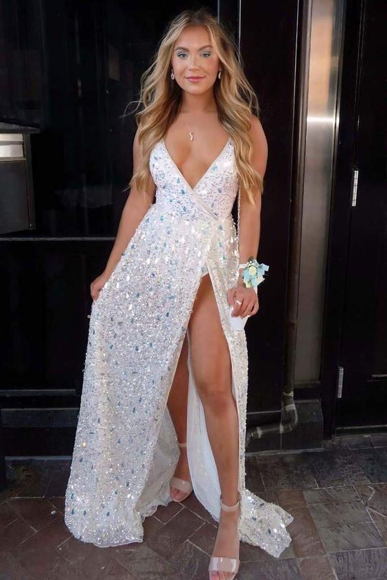Sexy Deep V-Neck White Sequined Prom Gown     fg1128