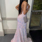 Pink Iridescent Sequin Lace-Up Mermaid Long Prom Dress       fg2375