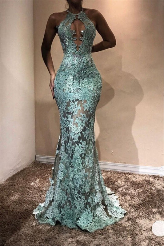Halter Sleeveless Mermaid Prom Dresses | Lace Appliques Long Evening Gowns    fg2401