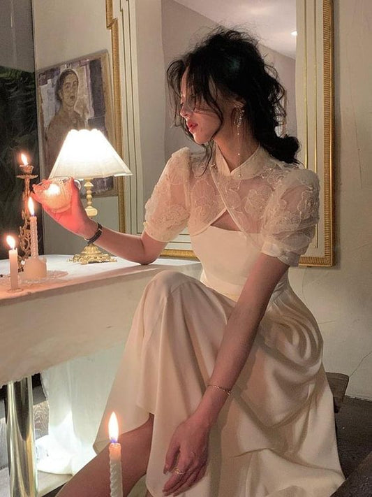 robe vintage, robe de soirée simple, robe à manches courtes et col montant fg2276