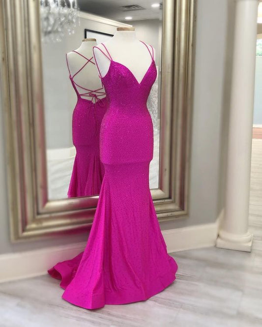 Mermaid Hot Pink Beaded Long Prom Dress       fg2357