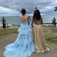 V Neck Layers Tulle Long Ball Gown,A Line Spaghetti Strap Evening Dresses    fg3211