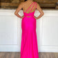 Hot Pink One Shoulder Satin Formal Dress with Slit      fg3242